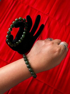 Dark Green Jade Bead Bracelet, 10mm Gemstone Beads, Good Luck Bracelet - image1